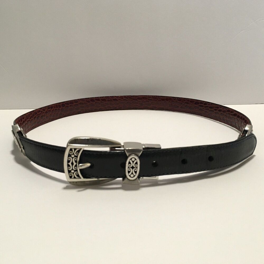 Vintage Reversible Belt Black Burgundy Brown Silver Tone Ornate Buckle Sz L 37